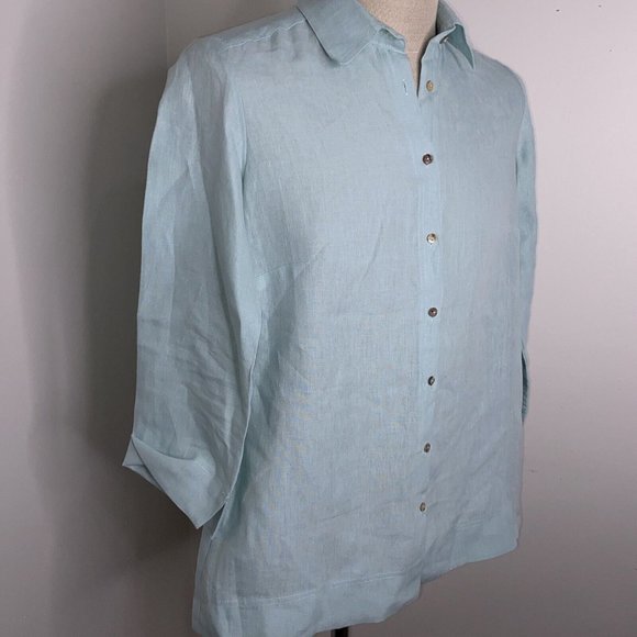 I Linen Women Shirt Green Top Button Down M Tunic 3/4" sleeve Lifestyle Pockets - Picture 3 of 6